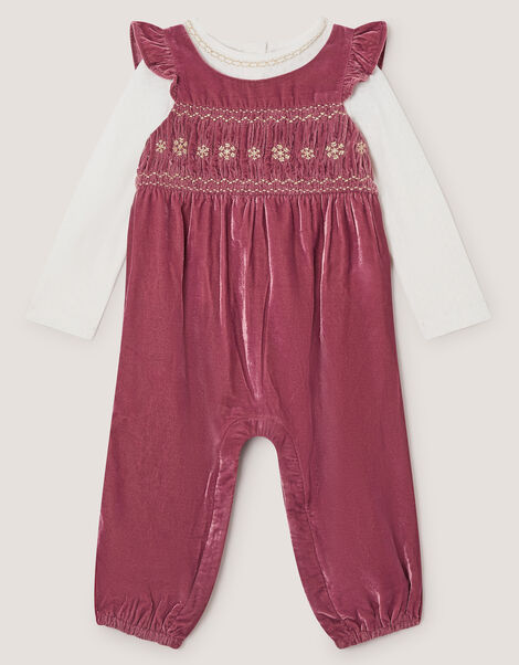 Baby Top & Smocked Velvet Dungarees Set, Pink (PINK), large