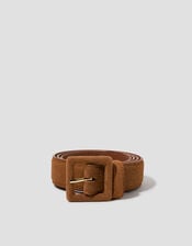 Square Buckle Suede Belt, Tan (TAN), large