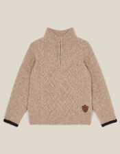 Cable Knit Half Zip Jumper, Camel (OATMEAL), large
