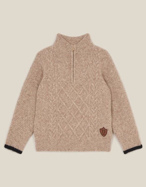 Cable Knit Half Zip Jumper, Camel (OATMEAL), large