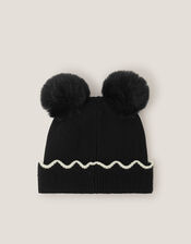 Scallop Bow Pom-Pom Beanie Hat, Black (BLACK), large