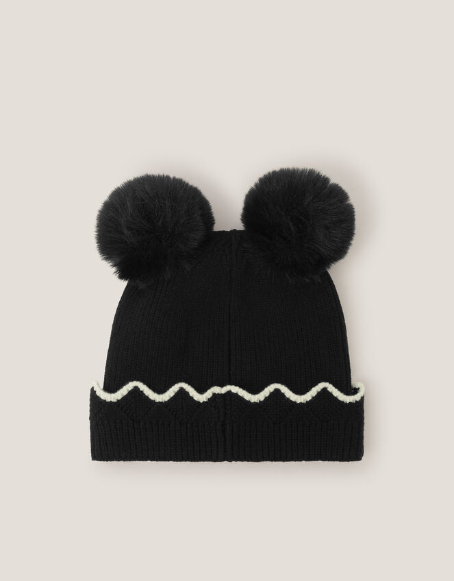 Scallop Bow Pom-Pom Beanie Hat, Black (BLACK), large