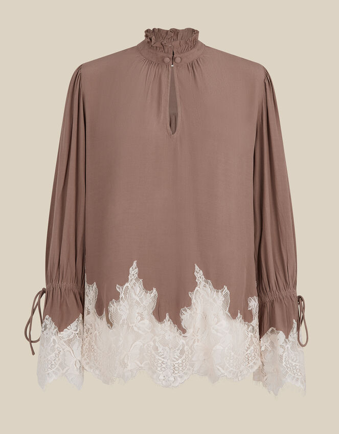 Selene Ruffle High Neck Lace Blouse, Mink (MINK), large