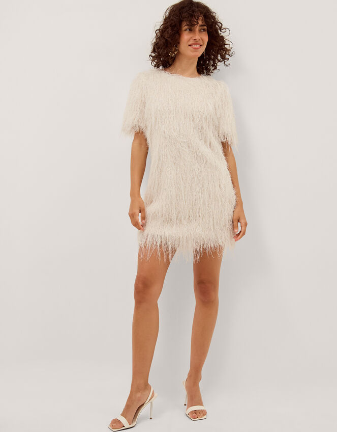 Tori Short Sleeve Fringe Mini Dress, Ivory (IVORY), large