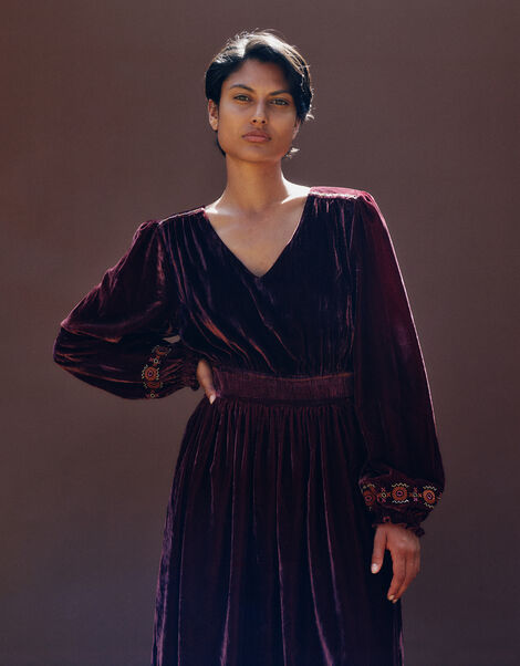 East Everly Floral Embroidered Velvet Maxi Dress, Purple (PLUM), large