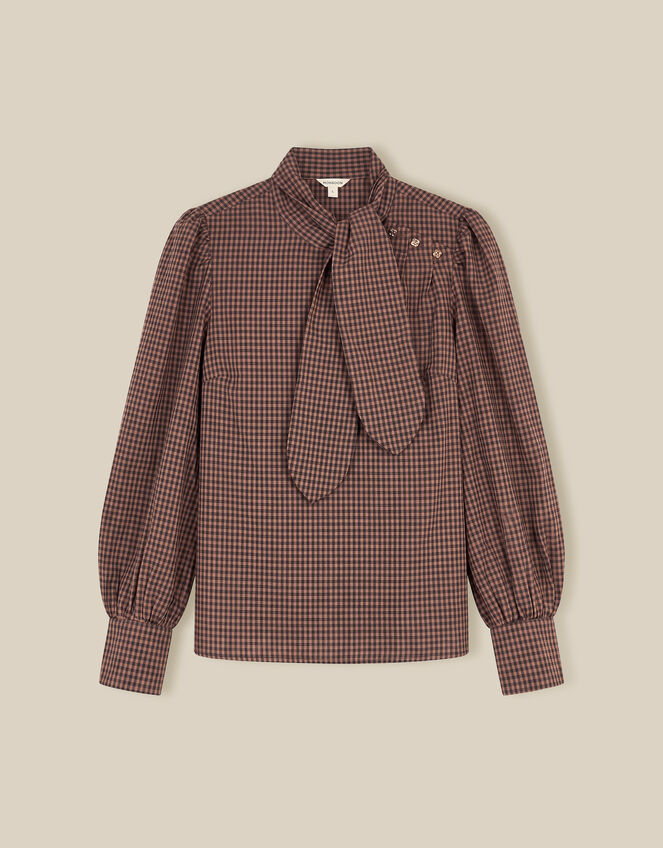 Myla Tie Neck Gingham Top, Brown (BROWN), large