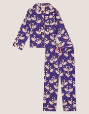 Swan Print Long Pyjamas Set, Blue (NAVY), large