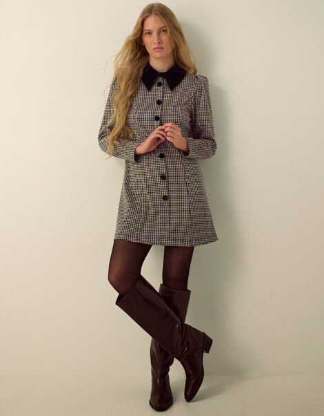 Monsoon x Queens of Archive Mary Velvet Collar Houndstooth Mini Dress​, Black (BLACK), large