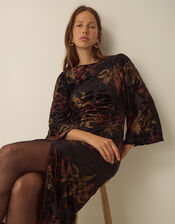 Dora Long Sleeve Floral Devor&eacute; Midi Dress, Black (BLACK), large