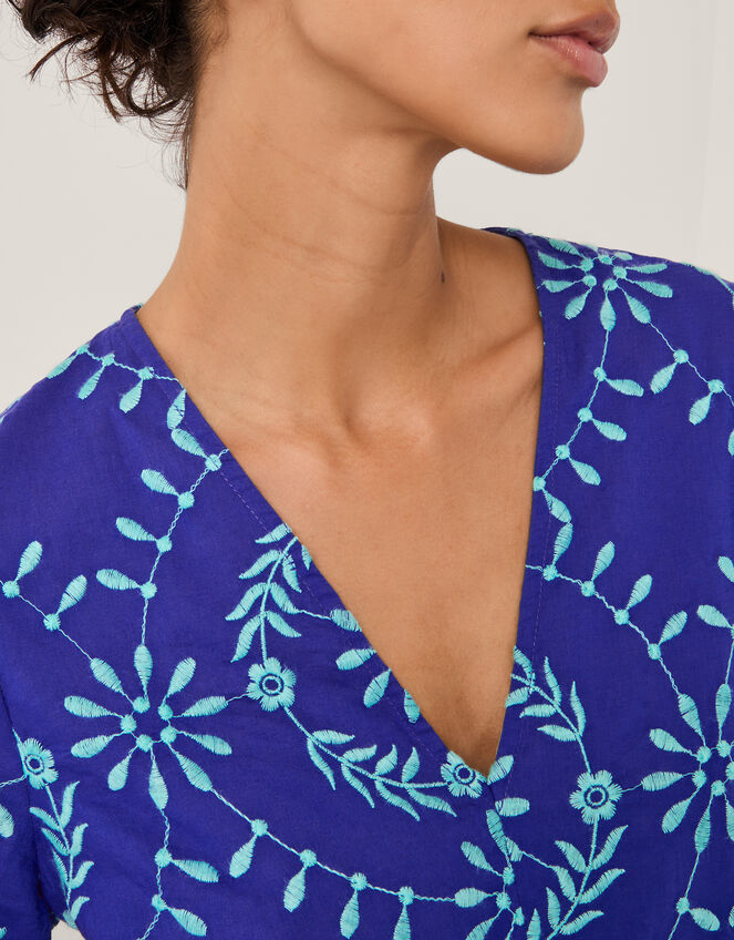 Lyla Embroidered Flute Sleeve Mini Dress, Blue (BLUE), large