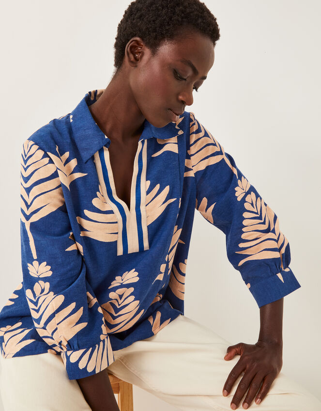 Pamela Linen Blend Leaf Print Top, Blue (COBALT), large