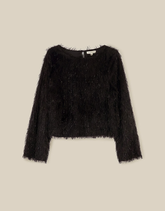 Tessa Long Sleeve Fringe Top, Black (BLACK), large
