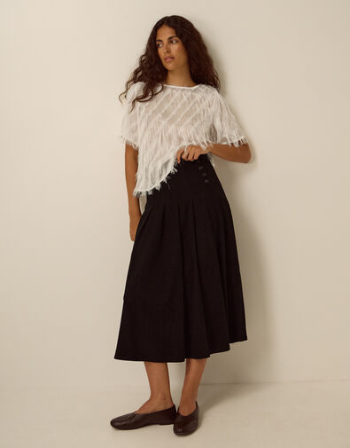 Sonja Pleated Corduroy Midi Skirt, Black (BLACK), large