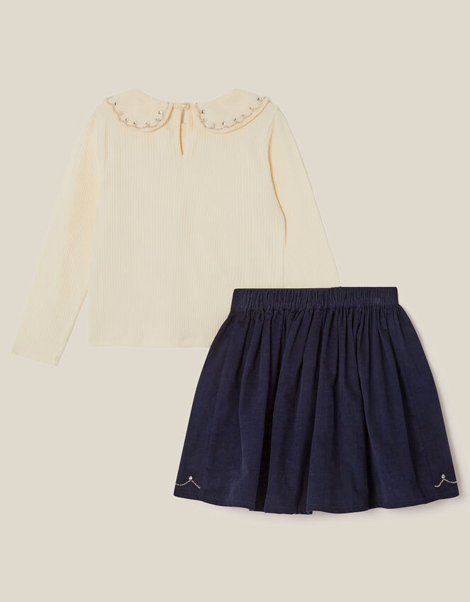 Bow Embellished Top & Corduroy Skirt Set, Blue (NAVY), large