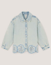 Flower Sequin Denim Jacket, Blue (BLUE), large