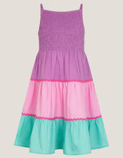 Sleeveless Smocked Colourblock Dress, Pink (PINK), large