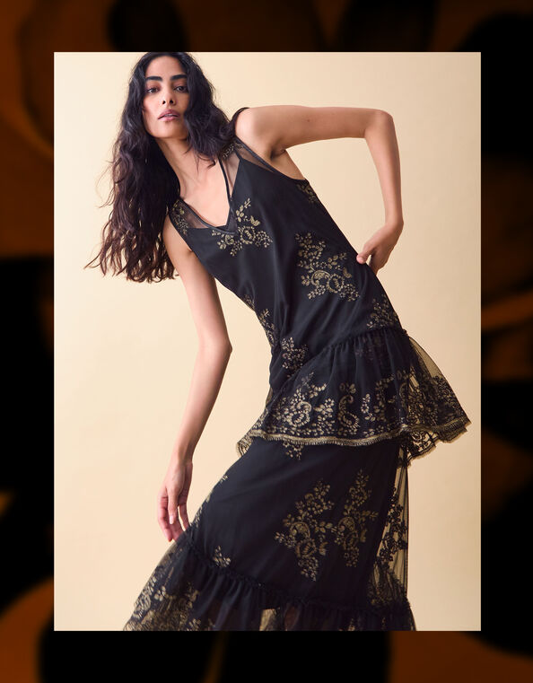 Clemence Isabelle Embroidered Tiered Midi Dress, Black (BLACK), large