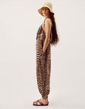 Annie Sleeveless Animal Print Jumpsuit, Brown (BROWN), large