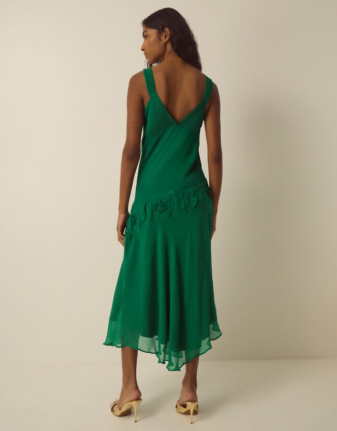 Ruby Sleeveless Asymmetrical Floral Embroidered Midi Dress, Green (GREEN), large
