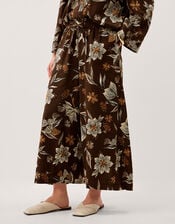 Esther Floral Linen Blend Wide Leg Trousers, Brown (CHOCOLATE), large