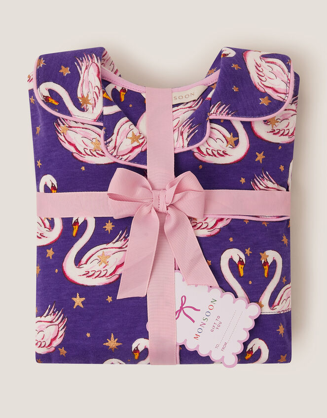 Swan Print Long Pyjamas Set, Blue (NAVY), large