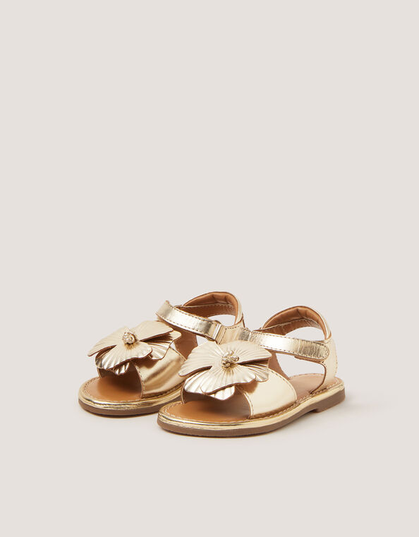 Baby Flower Metallic Leather Sandals, Gold (GOLD), large