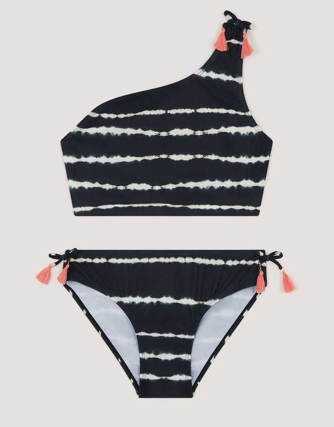 Tie-Dye One Shoulder Bikini Set, Black (BLACK), large