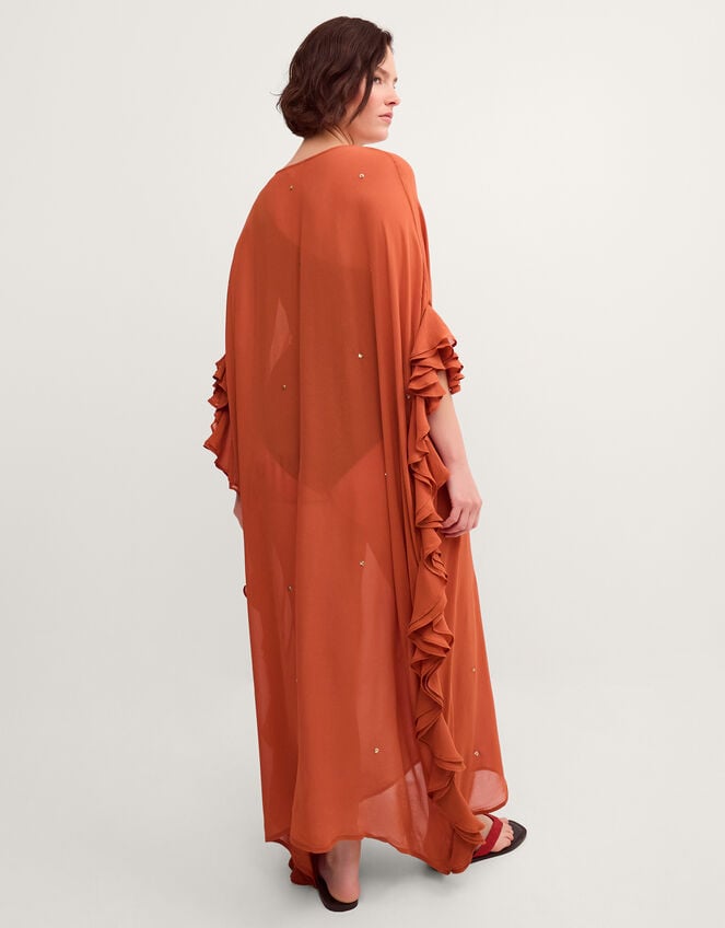 Callie Thorpe x Monsoon Embellished Ruffle Sheer Maxi Kaftan, Orange (RUST), large