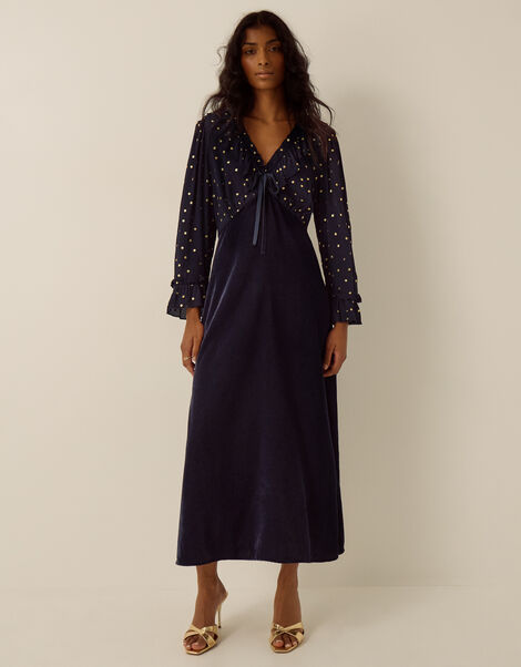 Stevie V-Neck Foil Polka Dot Velvet Midi Dress, Blue (MIDNIGHT), large