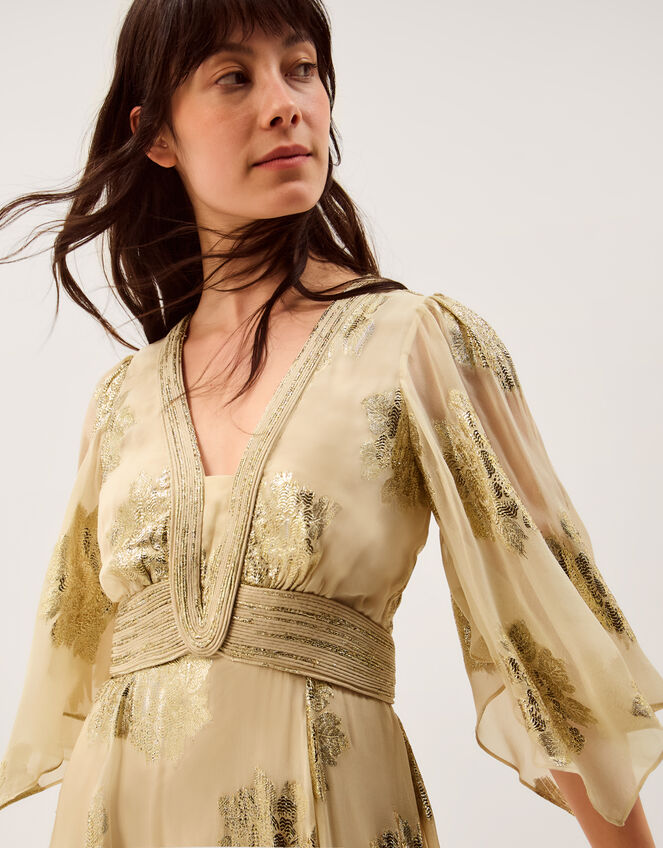 Lydia V-Neck Shimmer Jacquard Midi Dress, Cream (CREAM), large