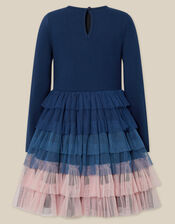 Floral Embellished Long Sleeve Disco Dress, Blue (NAVY), large