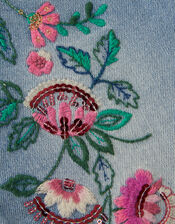 Sequin Floral Embroidered Wide Leg Jeans, Blue (BLUE), large