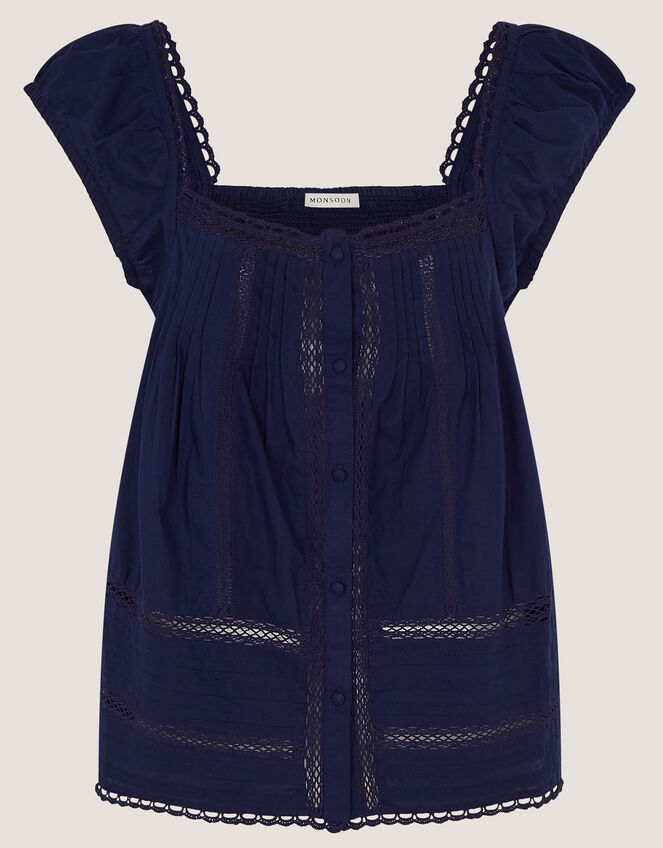 Olivia Lace Trim Top, Blue (NAVY), large