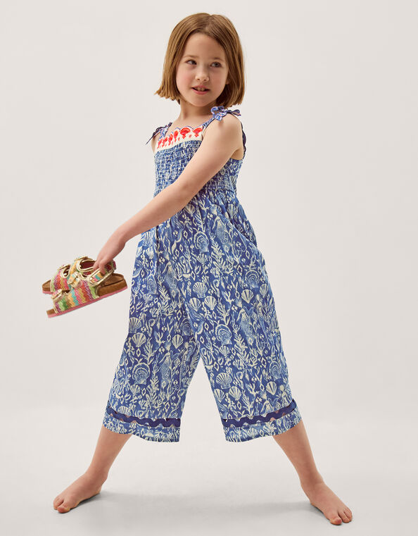 Mermaid Print Smocked Culotte Jumpsuit, Blue (BLUE), large