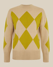 Arlen Crew Neck Argyle Jumper, Green (CHARTREUSE), large