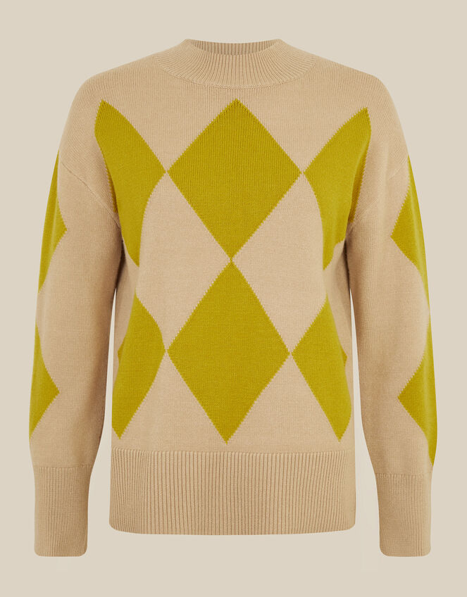 Arlen Crew Neck Argyle Jumper, Green (CHARTREUSE), large