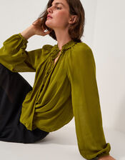 Ellie Frill Neck Wrap Blouse, Green (KHAKI), large