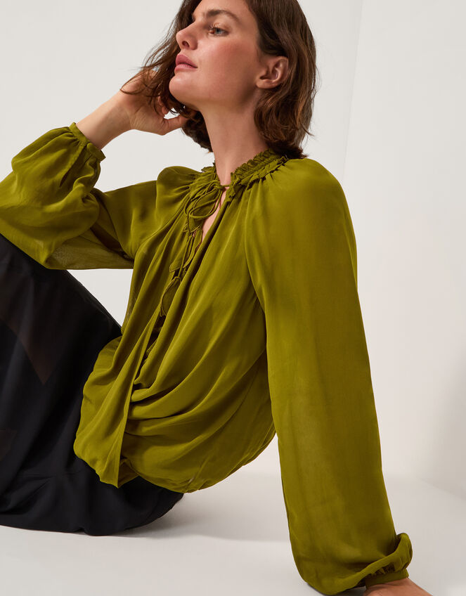 Ellie Frill Neck Wrap Blouse, Green (KHAKI), large