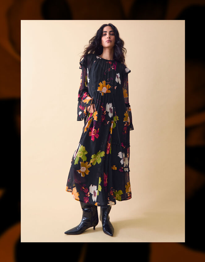 Clemence Camille Floral Georgette Midi Dress, Black (BLACK), large