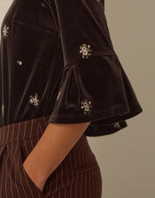 Emilee Flute Sleeve Embroidered Velvet Top, Brown (CHOCOLATE), large