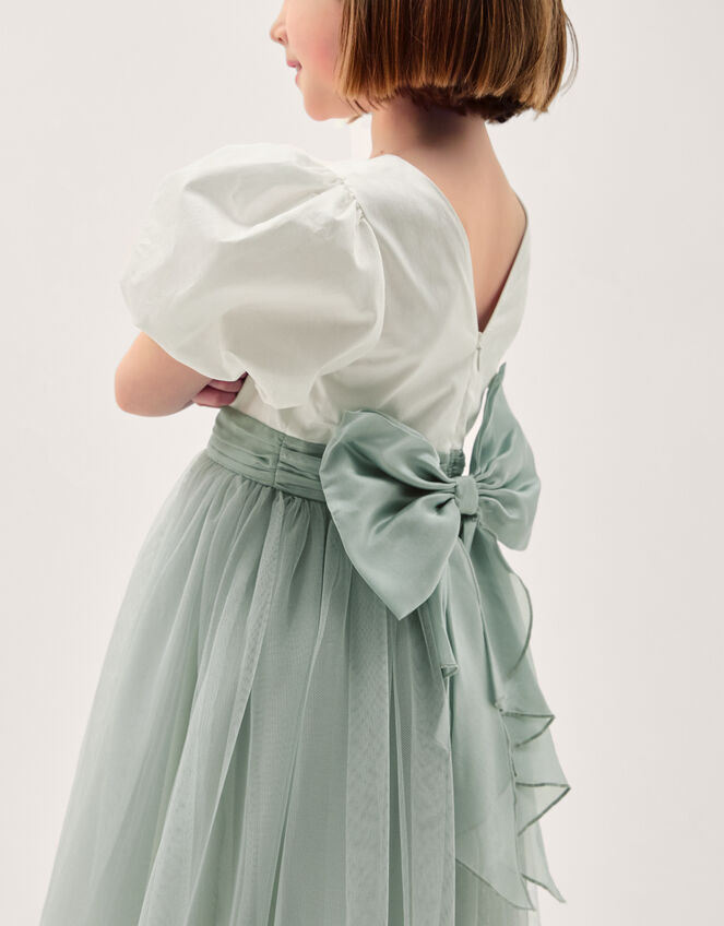Puff Sleeve Satin Tulle Dress, Green (SAGE), large