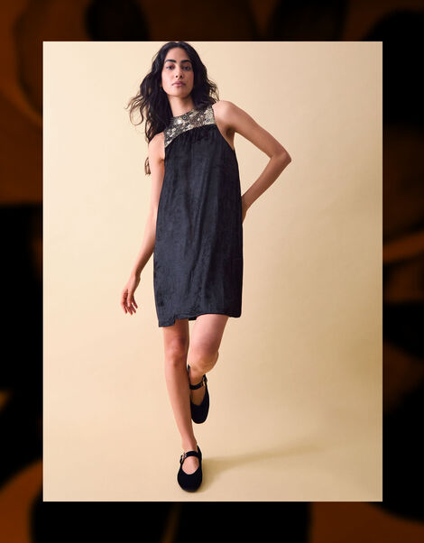 Clemence Margot Embellished Velvet Mini Shift Dress, Black (BLACK), large