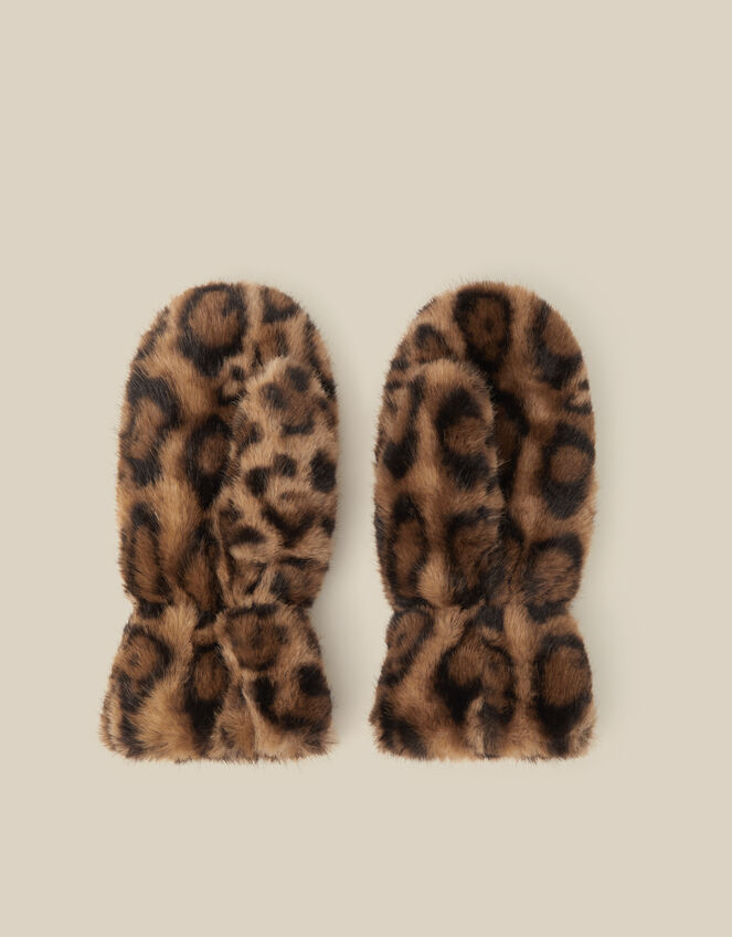 Niya Leopard Print Faux Fur Mittens, , large