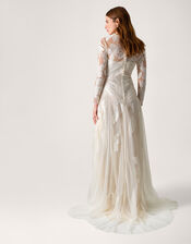 Milena Long Sleeve Floral Embroidered Mesh Wedding Dress, Ivory (IVORY), large