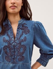 Melissa Embroidered Denim Midi Dress, Blue (MID AUTHENTIC BLUE), large