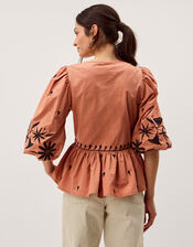Freya Puff Sleeve Embroidered Top, Orange (PEACH), large