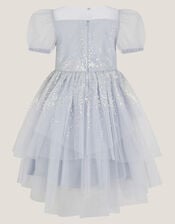 Sequin Puff Sleeve Tiered Party Dress, Blue (BLUE), large