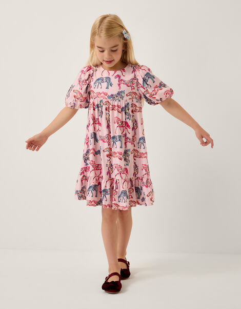 Horse Print Puff Sleeve Dress, Pink (PINK), large