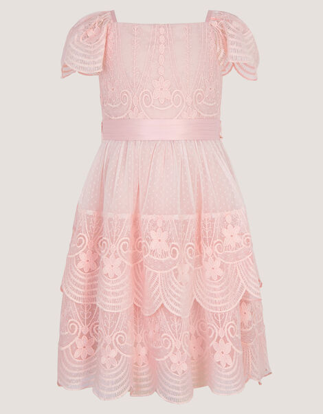 Isabel Lace Scallop Tiered Party Dress, Pink (DUSKY PINK), large