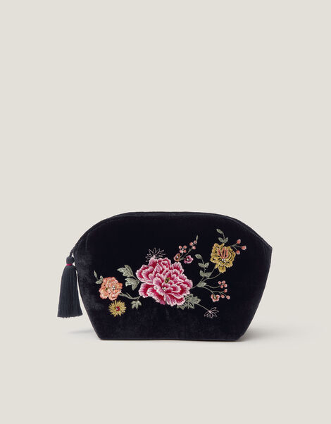 Floral Embroidered Velvet Wash Bag, , large